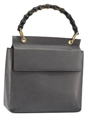 GUCCI Bamboo Hand Bag Leather Black Gold 001 3444 1887 Auth 187814